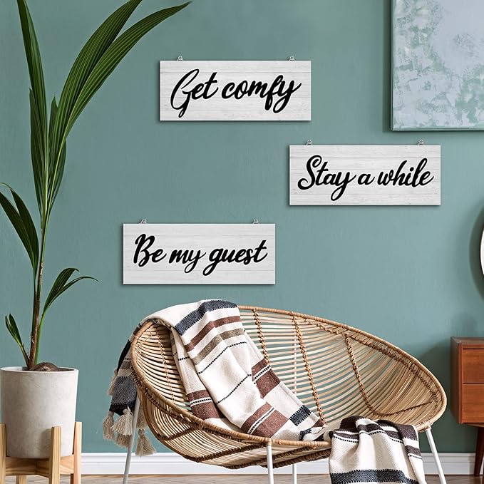 Maitys 3 Pcs Guest Room Decor, Get Comfy Wall Sign Stay a While Bedroom Wall Sign Rustic Wood Word Guestroom Art Decor for Home, Living Room