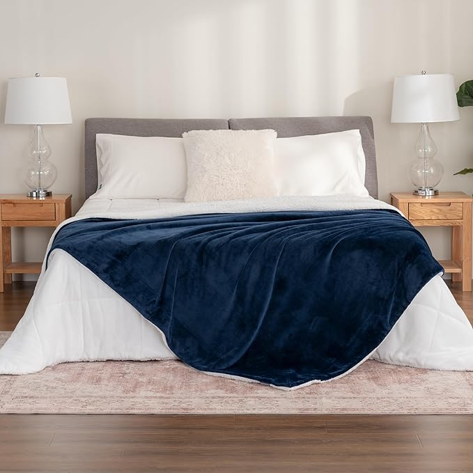 Berkshire Blanket-Sherpa Fleece Blanket, Warm and Soft Loftmink Reversible Blanket for Bed, Sofa and Travel, Dress Blues, 60 in x 90 in