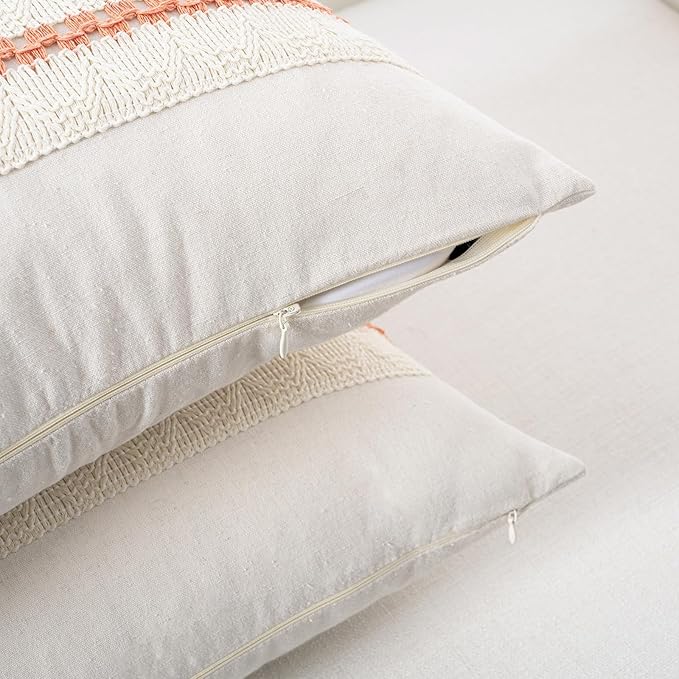 Fancy Homi Set of 2 Boho Coral Big Decorative Throw Pillow Cover 24x24 Inch for Couch Bed Bedroom, Aesthetic Modern Organic Farmhouse Room Decor, Soft Cotton Accent Macrame Woven Cushion Case