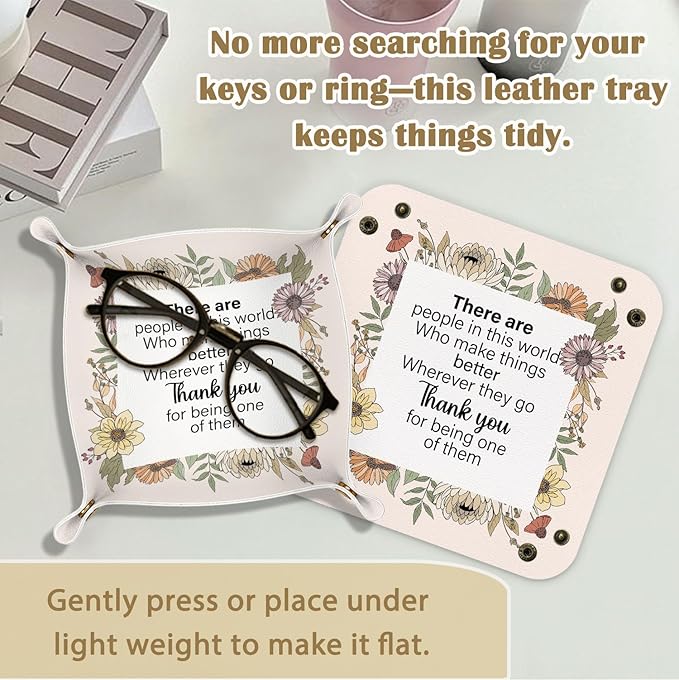 Thank You Gifts Jewelry Valet Tray for Women, Appreciation Gifts for Teacher Friends Coworkers PU Leather Catchall Beside Caddy Nightstand Organizer Tray for Jewelry Rings Watches, 7.87x7.87in