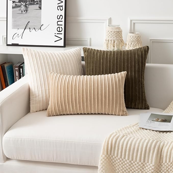 UGASA Velvet 24x24 Inch Soft Throw Pillow Covers Decorative Corduroy Striped Both Sides Solid Square Cushion Cases Boho Farmhouse for Couch Bedroom Sofa Home, Pack of 2, Beige