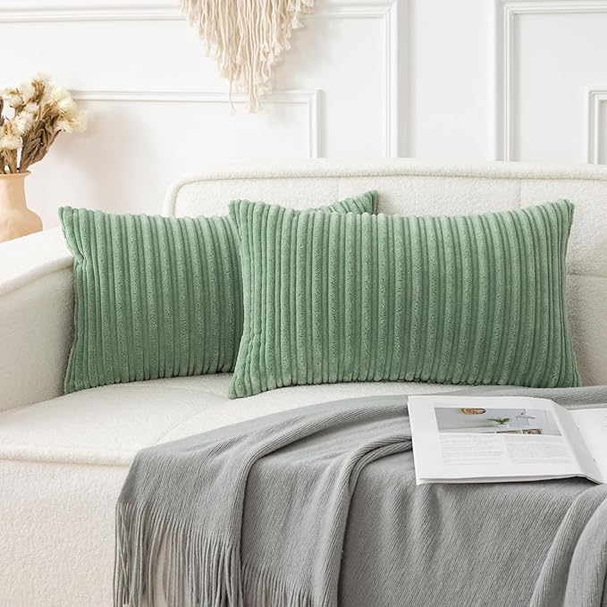 UGASA 12x24 Inch Pillow Cover Pack of 1 Soft Boho Stripe Corduroy Long Rectangular Lumbar Cushion Cover Farmhouse Decorative Throw Pillowcase for Bed, Couch, Sofa, Bedroom, Living Room, Sage Green