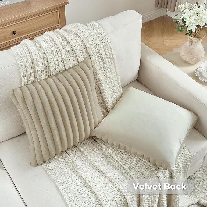 FUTEI Beige Decorative Throw Pillow Covers Set of 2, 28x28 Inch Soft Fluffy Faux Fur Plush Striped Euro Pillow Shams, Modern Home Decor for Couch Bed Living Room