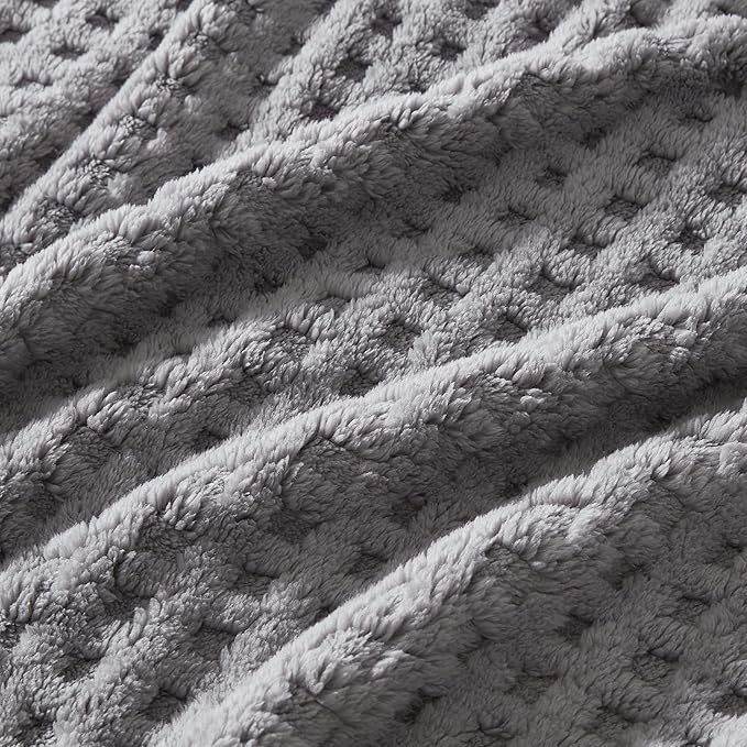 Soft Cozy Fuzzy Fleece Throw Blanket, Waffle Light Grey, 50x60 Inches – Lightweight, Fluffy, and Warm 3D Jacquard All-Season Blanket for Couch, Bed, Sofa, Home Decor, Camping, and Travel