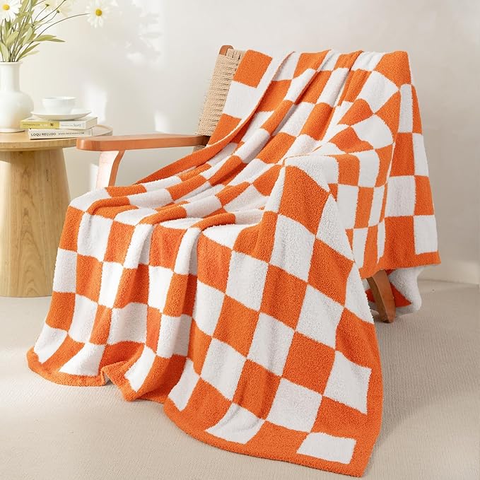 Whale Flotilla Checkered Knit Throw Blanket, Ultra Soft Warm Reversible Cozy Decorative Blankets for Couch Sofa and Bed, 50x60 Inch, Orange
