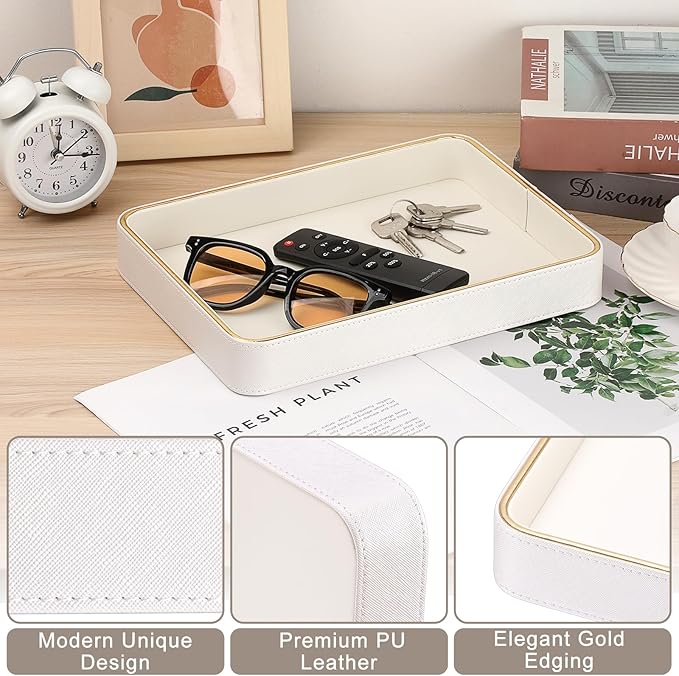 Key Holder for Entryway Table PU Leather Valet Decorative Tray Nightstand Storage Organizer Perfume Trinket Vanity Catchall Tray, 11.2" x 8.2" x 1.5"