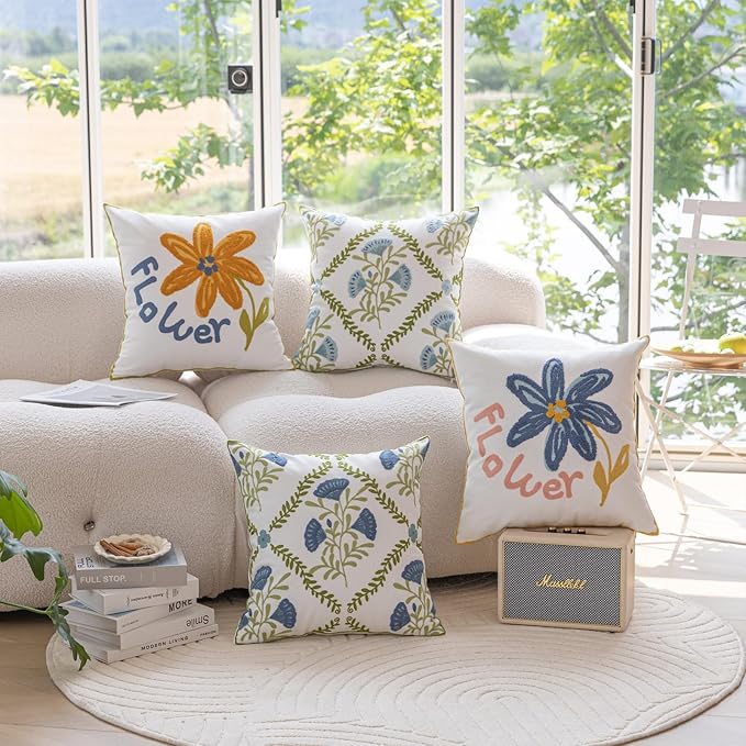 YIcabinet Pillow Covers Set of 2, Embroidered Blue Flower Pattern Throw Pillow Cover,Square Cotton Cushion,Pillow Case for Sofa Bedroom Couch,18"x18"