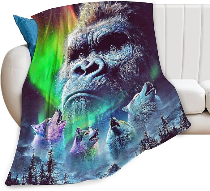 Gorilla Wolf Blanket for Girls Women Boys Men Adults Kids Soft Cozy Fleece Aurora Chimpanzee Foot Throw Blankets Gifts Warm Flannel Plush Lightweight Decor for Couch Bed Sofa 80"X60"