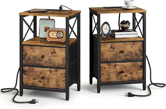 Nightstand Set of 2,Nightstands with Charging Station, Small Bedside Table with Storage, End Table with USB Ports & Outlets,with Fabric Drawers,for Couch, Bedroom(Rustic Brown) LET105R-2
