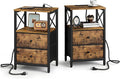 Nightstand Set of 2,Nightstands with Charging Station, Small Bedside Table with Storage, End Table with USB Ports & Outlets,with Fabric Drawers,for Couch, Bedroom(Rustic Brown) LET105R-2