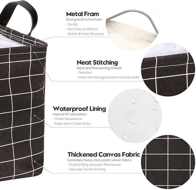 Hinwo Large Canvas Fabric Storage Basket with Handles, 33L/8.6-Gal Rectangle Bin, Collapsible Storage Box, Clothes, Toys, Blankets Organizer, 16.5 x 12 x 10 Inches (L, Black Grid)