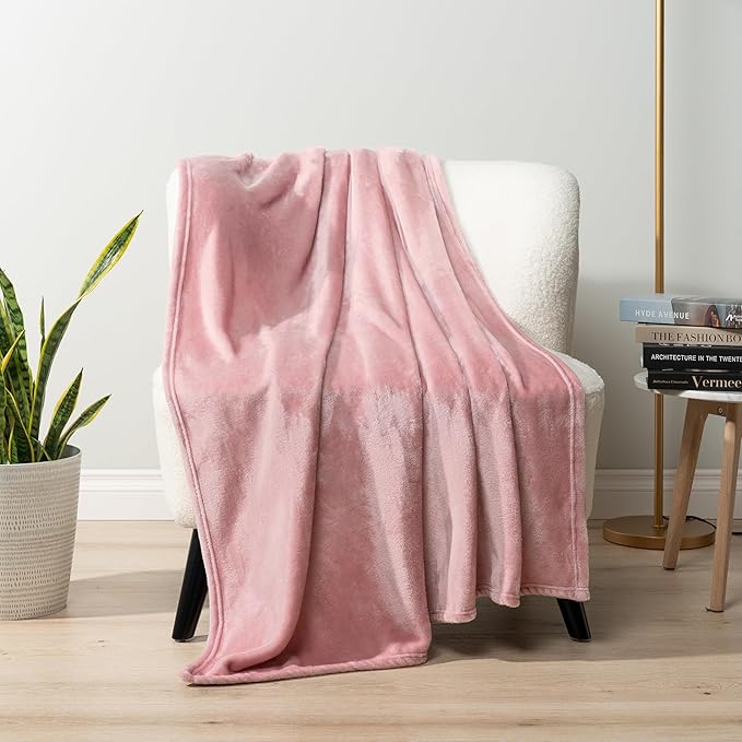 PAVILIA Pink Fleece Throw Blanket for Couch, Blush Pink Soft Fuzzy Flannel Throw for Sofa, Luxury Plush Microfiber Bed Blanket, Cozy Home Decorative Velvet Gift Blanket, 50x60