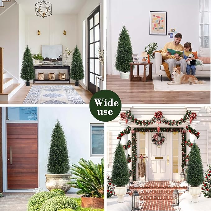 Two 5ft Artificial Plants Topairy Faux Cedar Trees for Outdoor Planters, 60IN Tall Fake Pine Bushes UV Resistant Large Potted Shrubs for Front Porch Décor