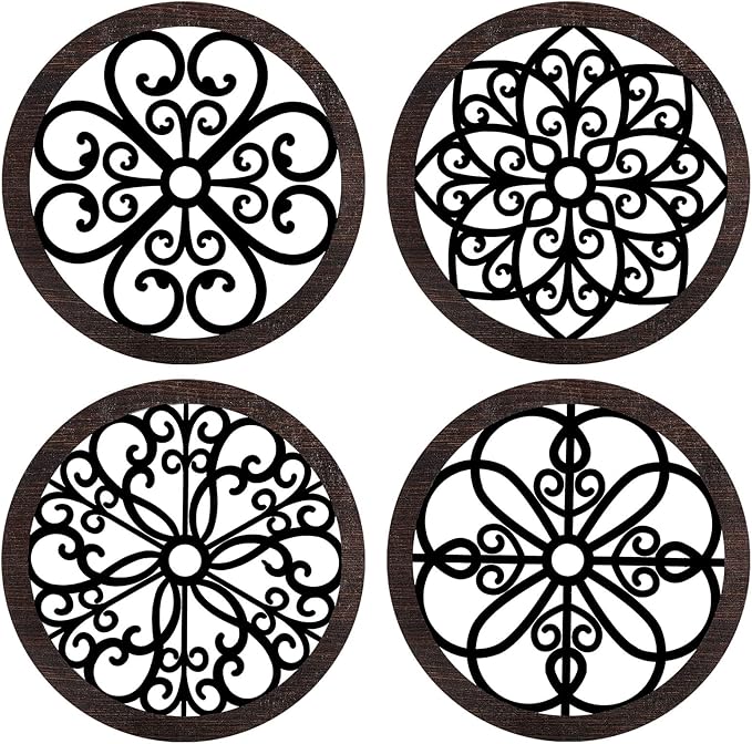 Yulejo 4 Pcs Thicken Rustic Wall Decor Farmhouse Kitchen Wall Round Art Wooden Hollow Carved Design Rustic Art for Living Room Bedroom Hallway Decor (9.8 x 9.8 Inch,Black, Brown)