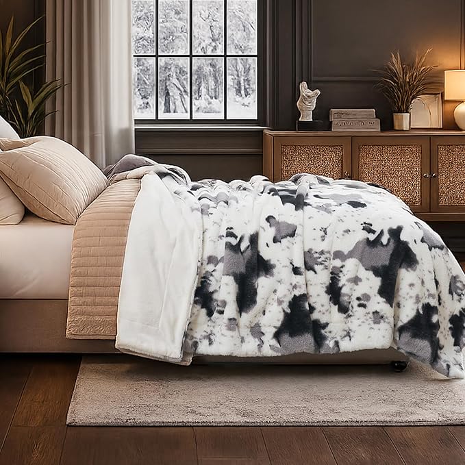 Cozy Bliss Cow Print Faux Fur Throw Blanket, Animal Printed Blankets Super Soft Warm Thick Fluffy Throws Home Decor for Couch Bed Sofa Women (Black&Grey Cow, 60x80 Inches)