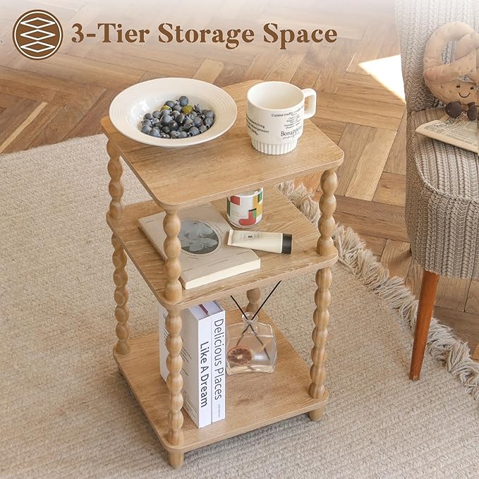 End Table, Modern Side Table with 3 Tier Open Shelf, Small Table Bed Side Tables Bedroom for Small Spaces, Living Room and Office (Rustic Walnut)