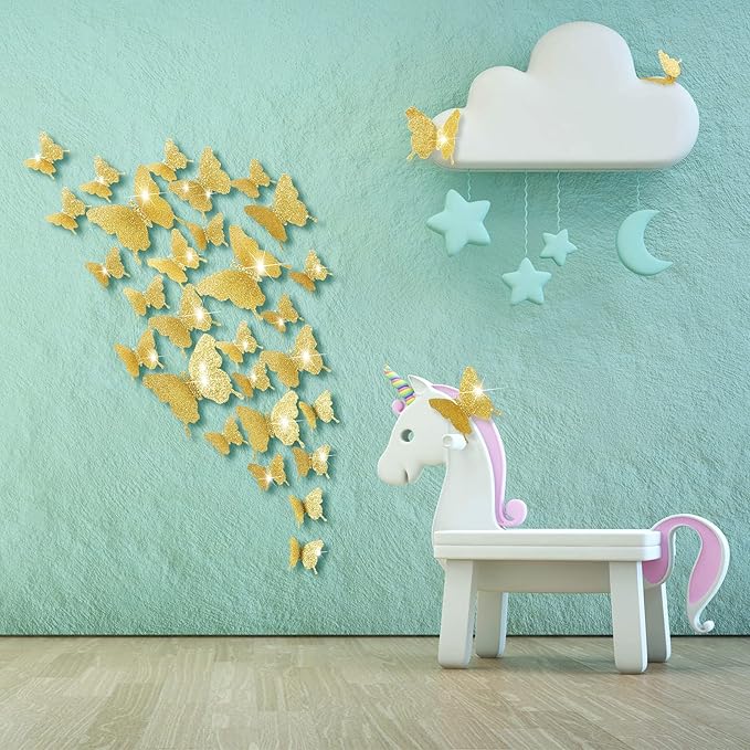 BBTO 48 Pieces Butterfly Wall Decor DIY 3D Mirror Butterfly Stickers Removable Decals Crafts for Birthday Party Bedroom School Bathroom Living Room Decor(Glitter Gold)