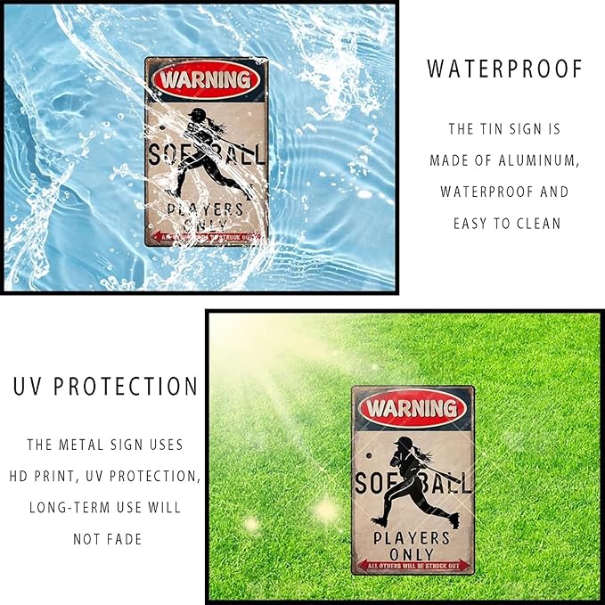 snowsun Softball Metal Signs Warning Softball Players Only Vintage Tin Sign Warning Wall Decor for Boys Girls Bedroom Sports 8×12 Inches