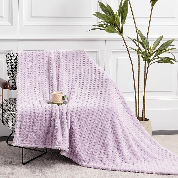 Soft Cozy Fuzzy Fleece Throw Blanket, Waffle Lavender Fog, 50x60 Inches – Lightweight, Fluffy, and Warm 3D Jacquard All-Season Blanket for Couch, Bed, Sofa, Home Decor, Camping, and Travel