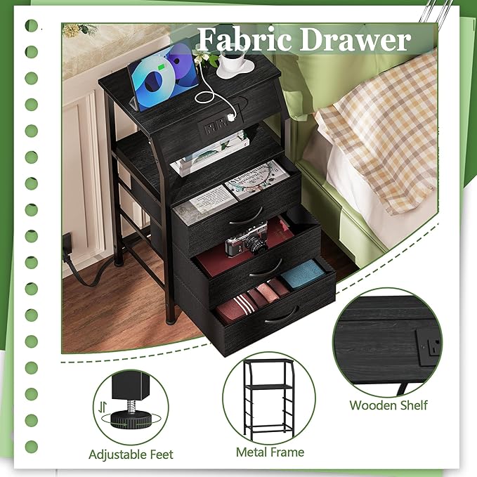 Furnulem Night Stand with Charging Station, 28.3 Inch Tall Side Table with Fabric Drawers and Storage Shelf, Bedside Table with USB Ports & Outlets, Nightstand for Bedroom, 3 Ways to Use, Black Oak