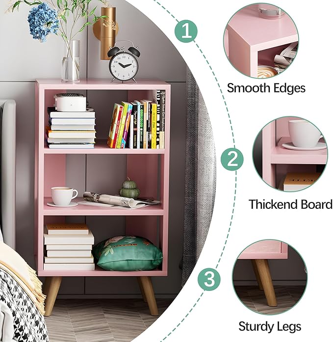Night Stand, Pink Nightstand, Modern End Table with Open Storage, 3-Tier Wooden Bedside Table for Small Space, Living Room, Bedroom