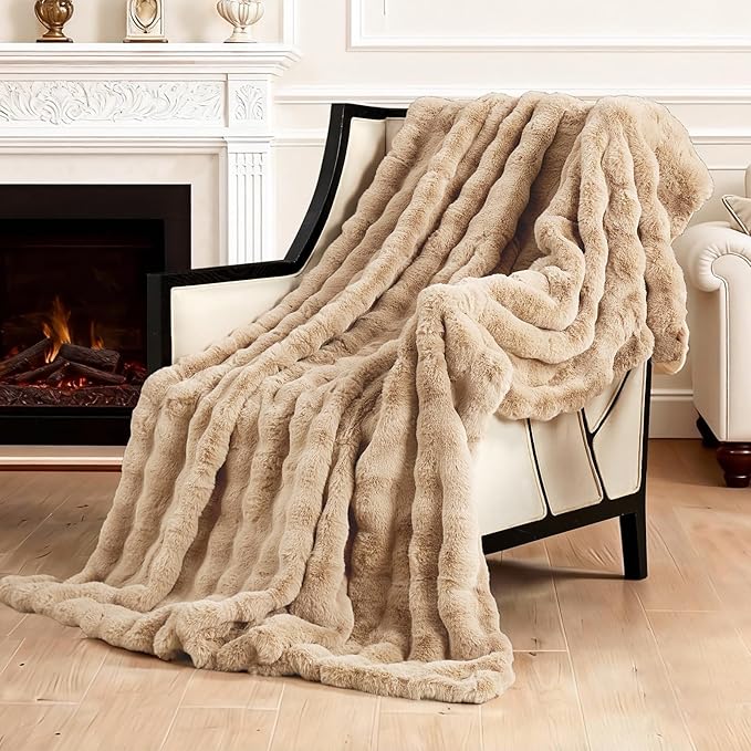 SAPHREAS Faux Fur Throw Blanket for Couch, Fluffy Fuzzy Bubble Blanket for Sofa Bed Living Room, Decor Soft Cozy Gifts for Women Men, 50x60” Khaki