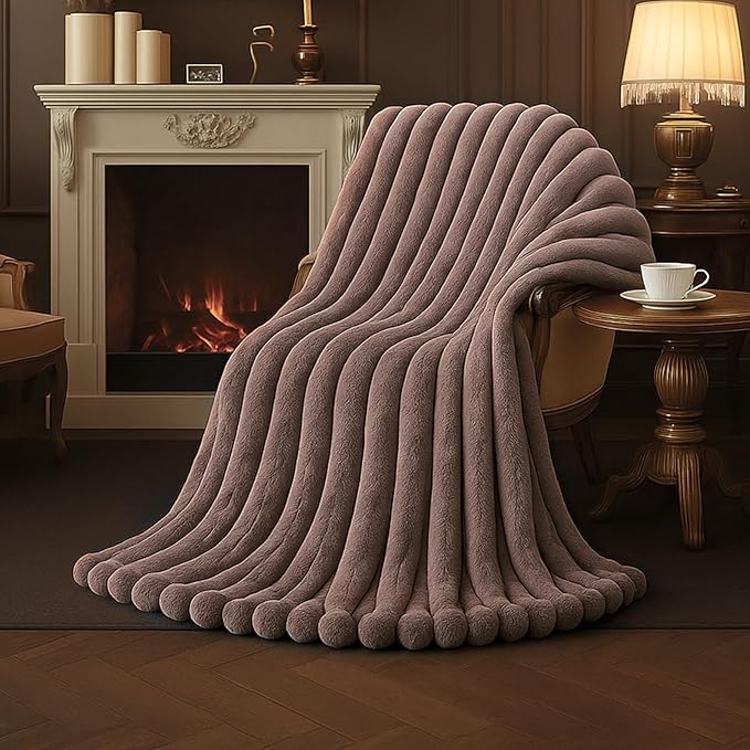 Amélie Home Faux Fur Throw Blanket for Couch, Cozy Fuzzy Fluffy Fur Luxurious Soft Striped Plush Gift Blankets for Family Sofa Chair Bedroom, 55"x70", Light Coffee