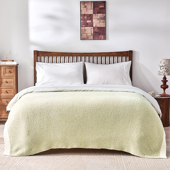 CozeCube Super Soft Fullfy Microfiber Reversible Knitted Blankets, Warm Cozy Fuzzy Plush Throw, Sage Green and White Melange Throw Blanket for Couch Bed Sofa, 50" x 60"