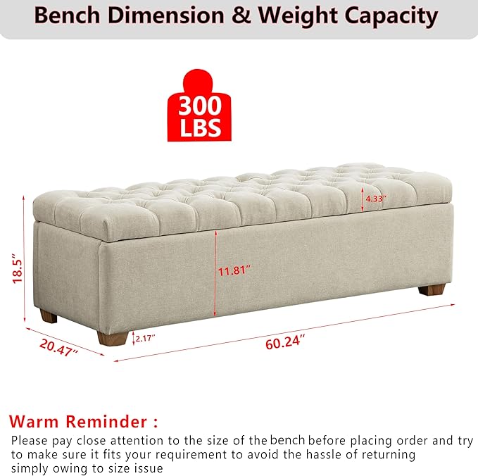 60.2" Storage Ottoman Bench for Bedroom Bed End,Chenille Bench with Seating,Button Tufted Ottomans with Storage for Living Room,Bedside,Entryway (Chenille Beige, 60.2")