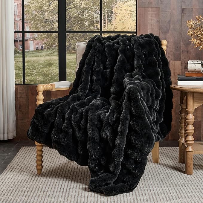Lotus Karen Faux Fur Throw Blanket Black - Big Bubble Rabbit Fluff Blanket for Couch, Small Fluffy Fuzzy Cozy Blanket, Thick Furry Plush Shaggy Blankets, 50x60 Inches