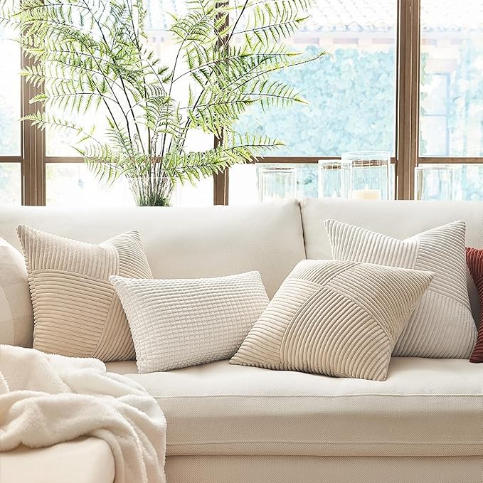 Topfinel 22x22 Pillow Covers Set of 2,Windmill Textured Striped Patchwork Tan Decorative Throw Pillow Covers Soft Corduroy Square Beige Cushion Cases for Couch Sofa Bed Farmhouse Boho Home Decor
