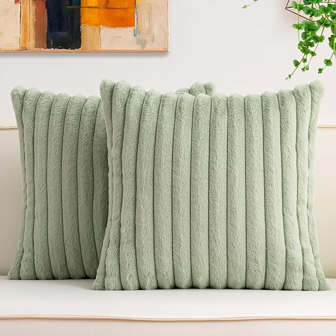 Aegero Pack of 2 Faux Fur Fall Throw Pillow Covers 22x22 Inch, Soft Plush Striped Neutral Couch Pillow Cover, with Velvet Back Modern Home Decor for Sofa Living Room Couch Bed Sage Green