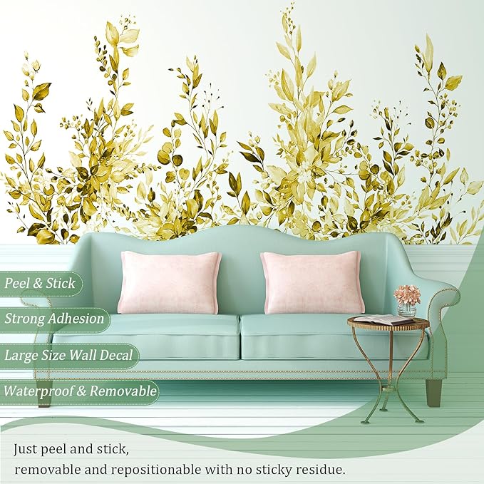 Yellow Plants Leaves Wall Decals Peel and Stick, Large Floral Flowers Vinyl Wall Stickers, Removable Vine Home Decor Art for Bedroom Living Room Classroom Office