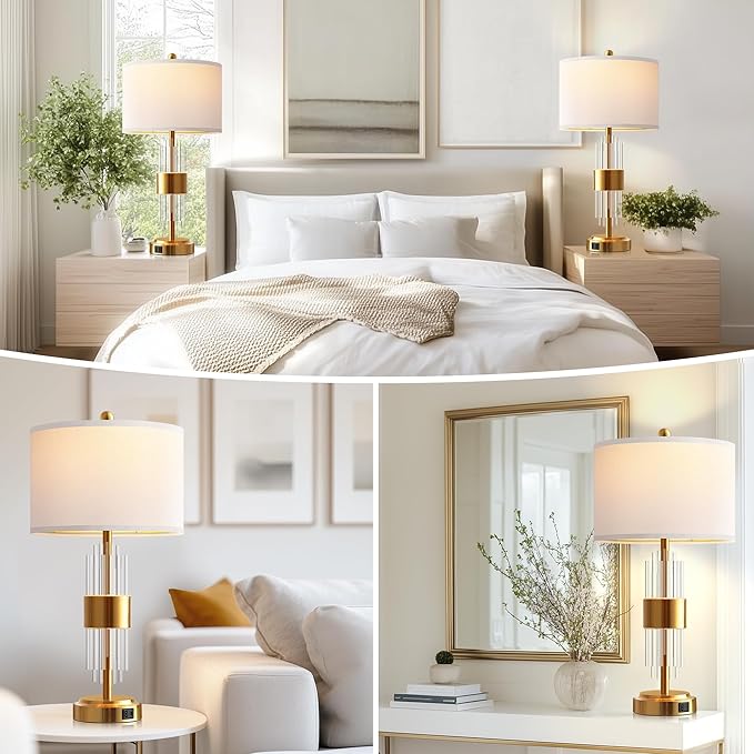 QiMH Table Lamp for Living Room with USB A+C Ports, Gold Bedside Lamps for Bedrooms Set of 2 with Touch Control, Modern Nightstand Lamp White Lamp Shade Home Office Decor (2700K LED Bulb Included)