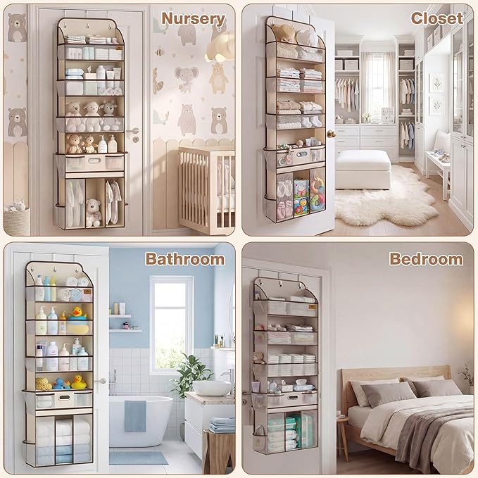 Baby Nursery Over The Door Organizer – 5-Tier 10 Pocket Hanging Storage with Removable Diaper Caddy & 3 Sturdy Hooks, 55LBS Capacity Baby Essentials Holder for Bathroom Bedroom Closet, Beige