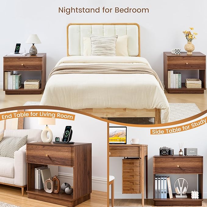 Modern Night Stand with Charging Station for Bedroom, Nightstand Bedside Table with Drawer and Storage Shelf for Bedroom (Walnut-Charging Station-1 pc)