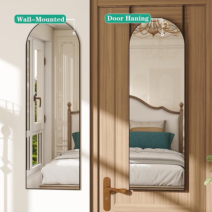 TinyTimes Over The Door Mirror Full Length, 48"x14"Door Hanging Mirror Full Length Arch Mirror, Behind The Door Wall Mirror, Back of Door for Closet Bedroom Living Room, Black