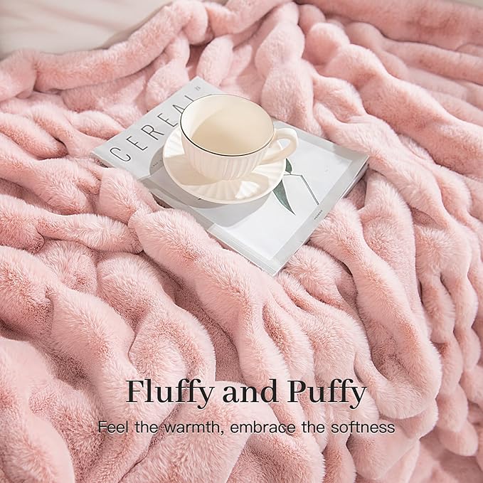 NEXHOME PRO Faux Fur Throw Blanket Pink, Luxury Soft Decorative Cozy Plush Long Shaggy Fluffy Blanket for Sofa Couch Bed Living Room, Reversible Puffy Thick Warm Blanket for Winter, 60"X80"