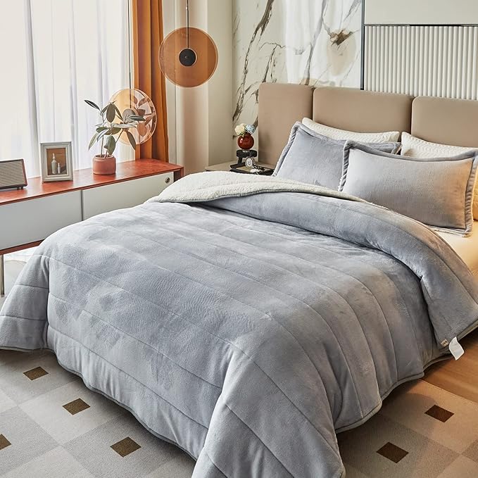 3-Layer Luxury Flannel Fleece Thick Bed Blanket King Size, Soft Plush Velvet Sherpa Blanket with 2 Pillow Shams Heavy Warm for Winter, Breathable n Washable, Gray