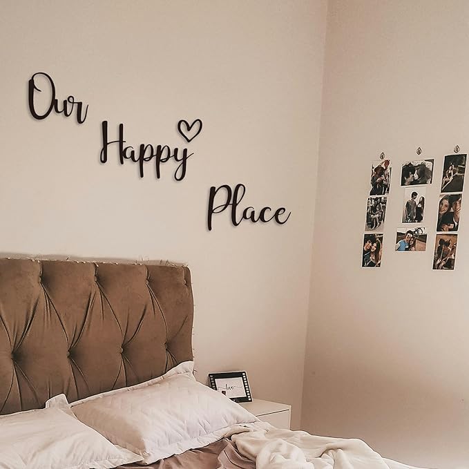 Our Happy Place Sign Metal Wall Decor Hanging Art Words Home Decor for Patio, Living Room, Bedroom, Kitchen, Bathroom and More, Black