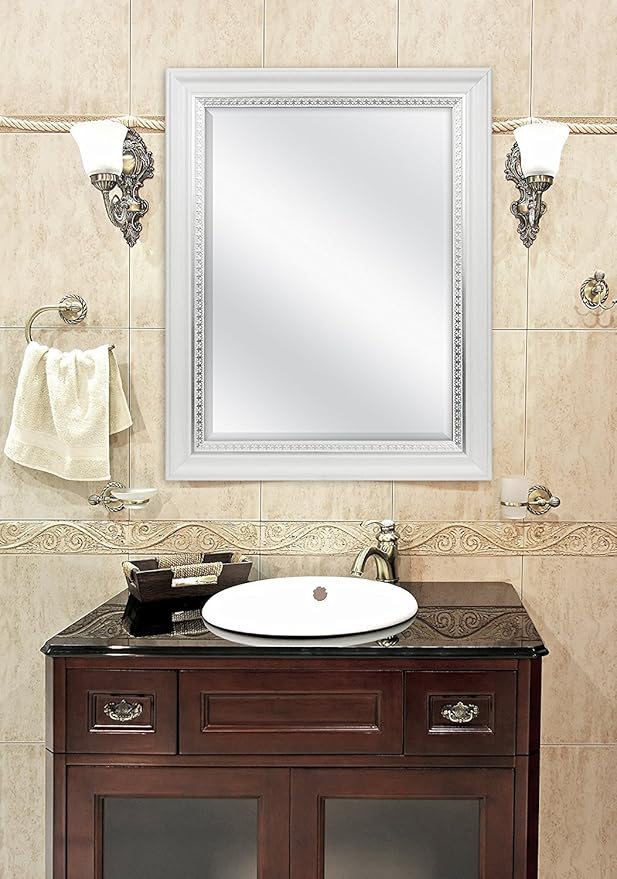 MCS 23x29 Large Wall Mirror, White Woodgrained Frame with Silver Embossed Detail & Beveled Detail Mirror, Vertical & Horizontal Wall Hanging Mirror for Bathroom, Bedroom & Livingroom