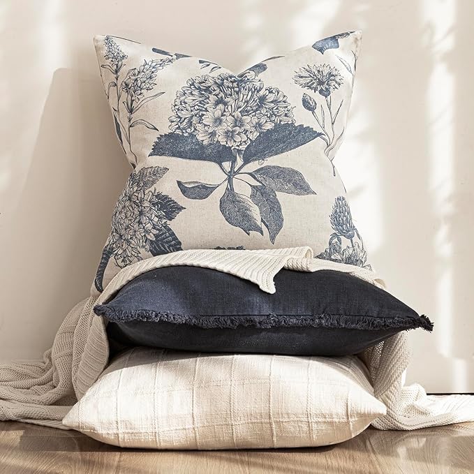 Foindtower Set of 2 Linen Floral Vintage Throw Pillow Covers Neutral Accent Print Decorative Cushion Covers Farmhouse Boho Home Decor for Sofa Chair Couch Bedroom Living Room,20×20 Inch,Blue