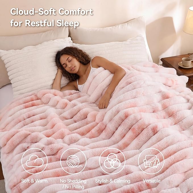 Smoofy Fluffy Faux Fur Throw Blanket - Super Soft Thick Plush Cozy Fuzzy Rabbit Fur, Luxury Warm Fleece Minky Stripe Blanket for Couch, Sofa, Room Decor Gift for Women, Tie Dye Pink Throw, 50x60