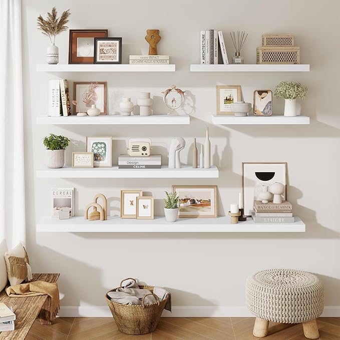 Fun Memories Wood Floating Shelves 16 Inch, 10 Inch Deep Shelves Wall Mount, Wall Shelves with Invisible Bracket, 16" Floating Shelves for Living Room Bathroom Bedroom, White, Set of 2