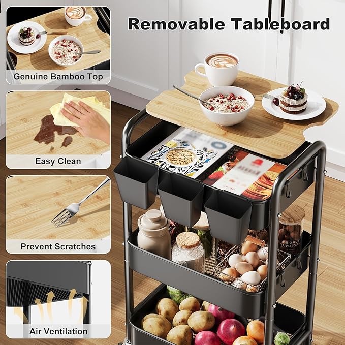 3 Tier Rolling Cart with Wood Table Top, Rolling Cart Table on Lockable Wheels,Rolling Side Table with Storage, Black Utility Carts for Arts and Crafts, Dorm, Medica, Laundry Room, Roller Book Shelf