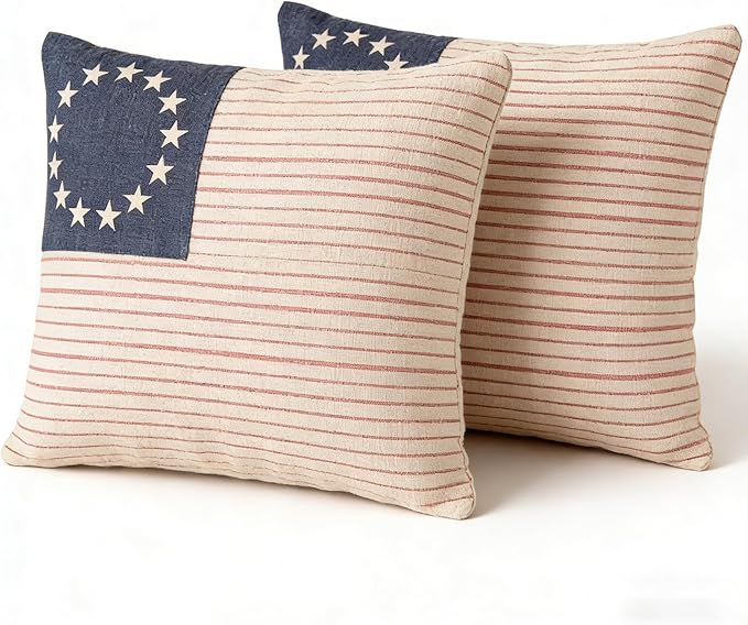 Patriotic American Flag Throw Pillow Covers, Linen, 18x18 Inch, Set of 2, Farmhouse Style, Machine Washable