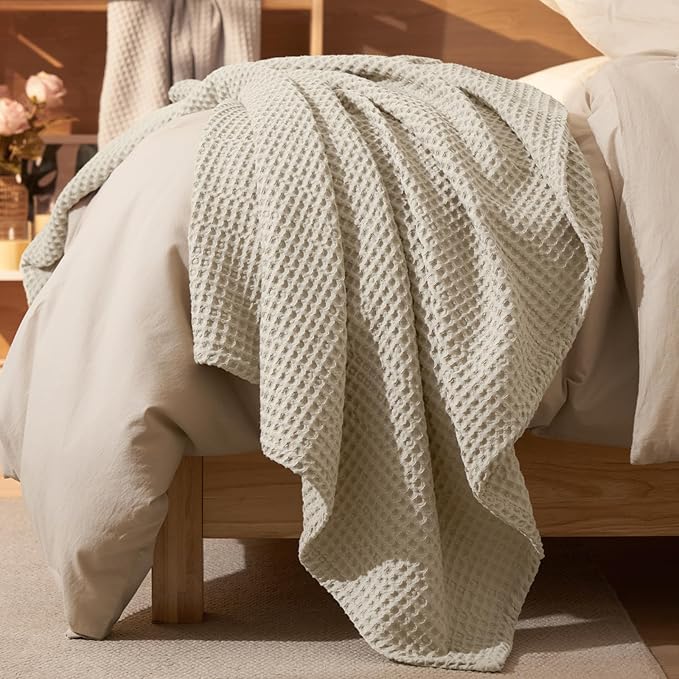 PHF Ultra Soft Waffle Weave Throw Blanket 50"x 60"- Washed Lightweight Breathable Cozy Woven Blanket for Bed - Aesthetic Decor for Couch Bedding Sofa Home Car - Light Khaki/Linen
