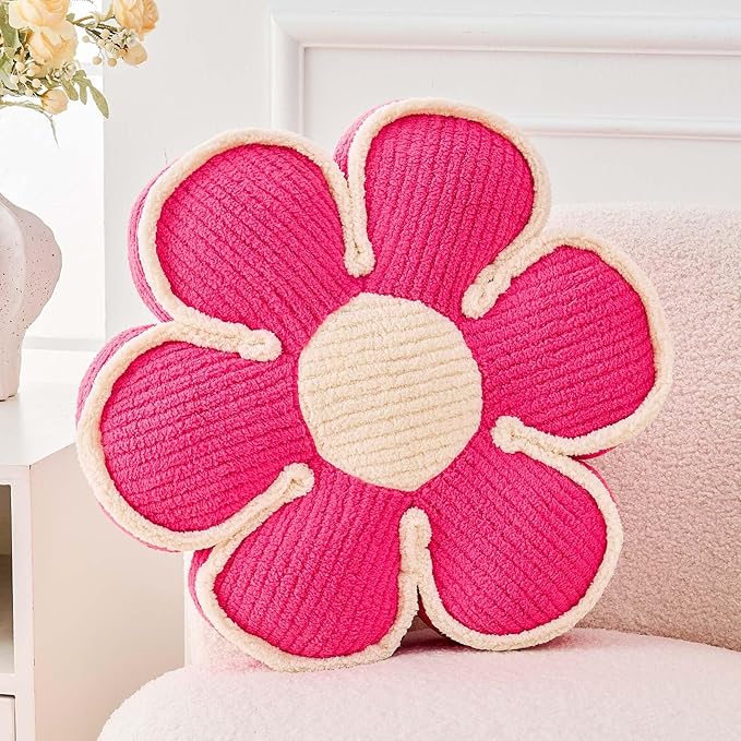 Kcvvcr Flower Pillow, Soft Flower Decorative Throw Pillow, Cute Daisy Flower Shaped Seating Floor Cushion Room Décor Plush Pillows for Sofa Couch Bed (17.7 Inch, Hot Pink)