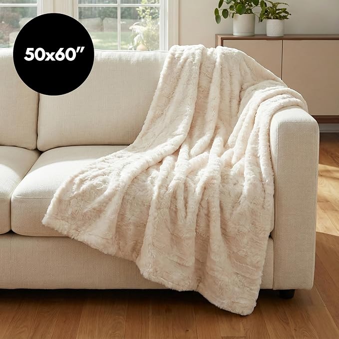 Americanflat Faux Fur Throw Blanket - Luxury 50x60 Extra Soft Plush Rabbit Fur, Reversible & Machine Washable Cozy Throw for Bed, Couch, Sofa, or Living Room Decor - Ivory, Cream, White