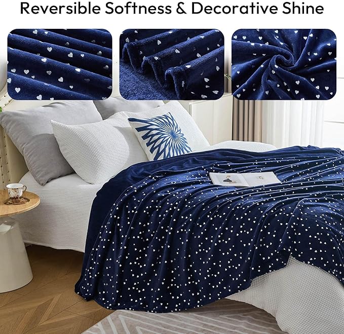 NANPIPER Fleece Blanket Heart Foil Print, Ultra Soft Lightweight Microfiber, All Season Premium Fluffy Throw for Sofa/Couch, 50"x65" Navy Blue